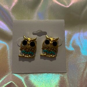 Owl Earrings with Black Stone Eyes